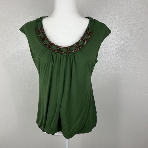 Classiques Entier Blouse Women Medium Green Brown Wood Chain Collar Casual Top - Picture 12 of 12